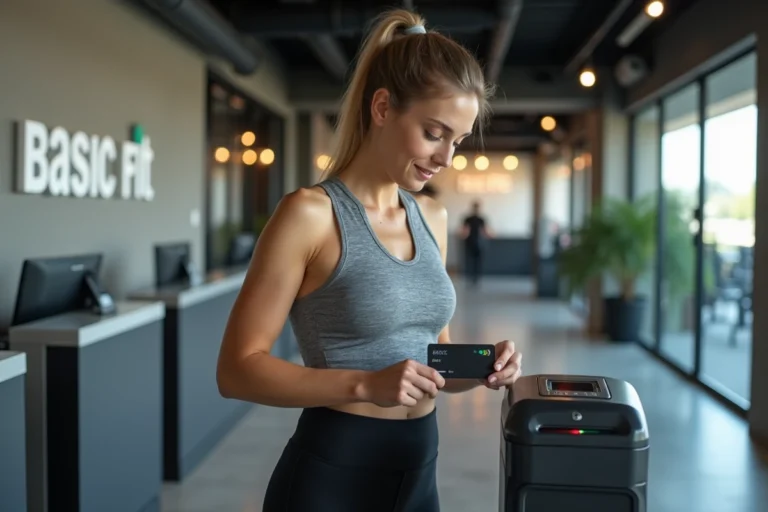 Femme scannant sa carte d'abonnement Basic Fit à l'entrée d'une salle de sport moderne