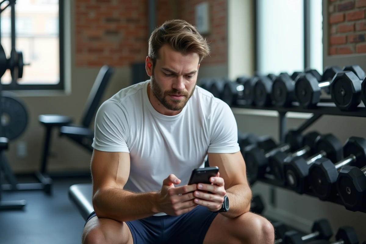 Homme consultant son abonnement salle de sport sans engagement sur smartphone dans une salle de fitness