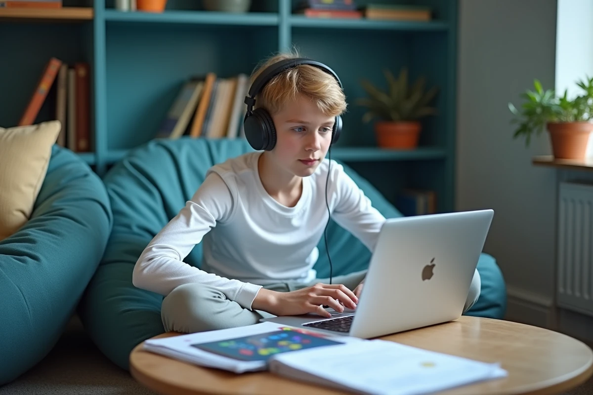 Adolescent dyspraxique utilisant un casque antibruit et une application de dictée vocale dans un espace d'apprentissage adapté au collège