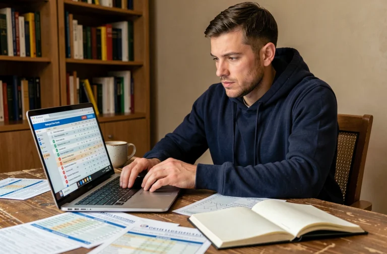 Homme analysant des statistiques de football sur un ordinateur portable pour améliorer ses pronostics sportifs