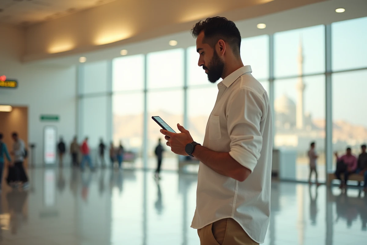 Homme consultant son e-visa touristique saoudien sur son téléphone dans un aéroport de Riyadh avec une assurance obligatoire visible