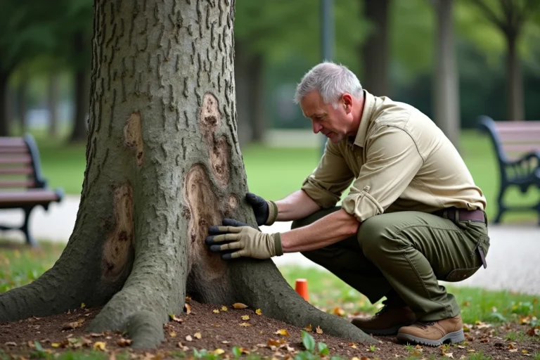 Arboriste examinant l'écorce malade d'un mûrier platane dans un parc urbain, lésions fongiques visibles sur le tronc