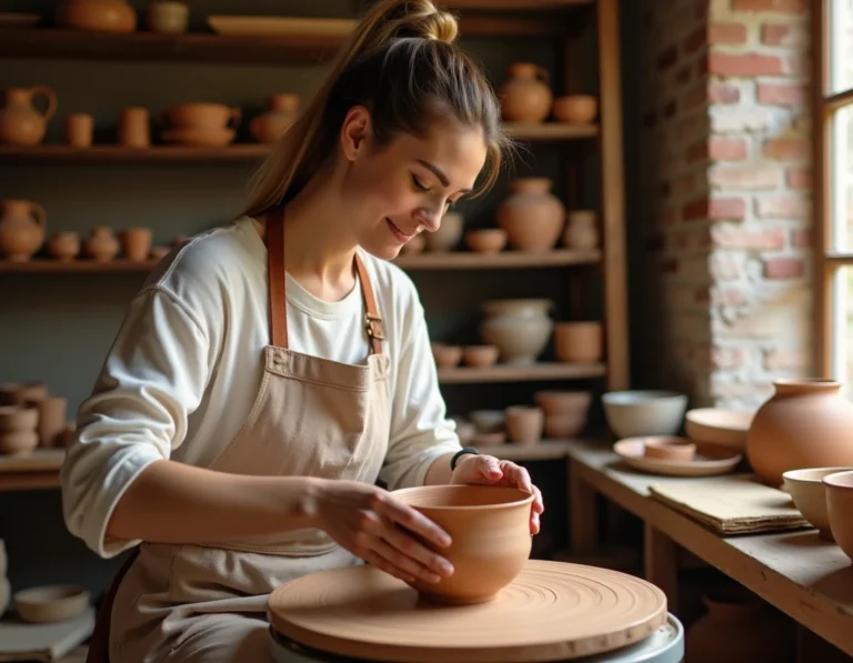 Femme faisant de la poterie dans un atelier artisanal en céramique, activité créative et loisir manuel