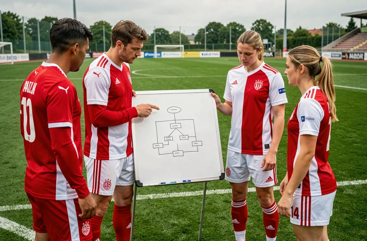 Groupe d'athlètes étudiant des tactiques sur un tableau blanc en bord de terrain de football