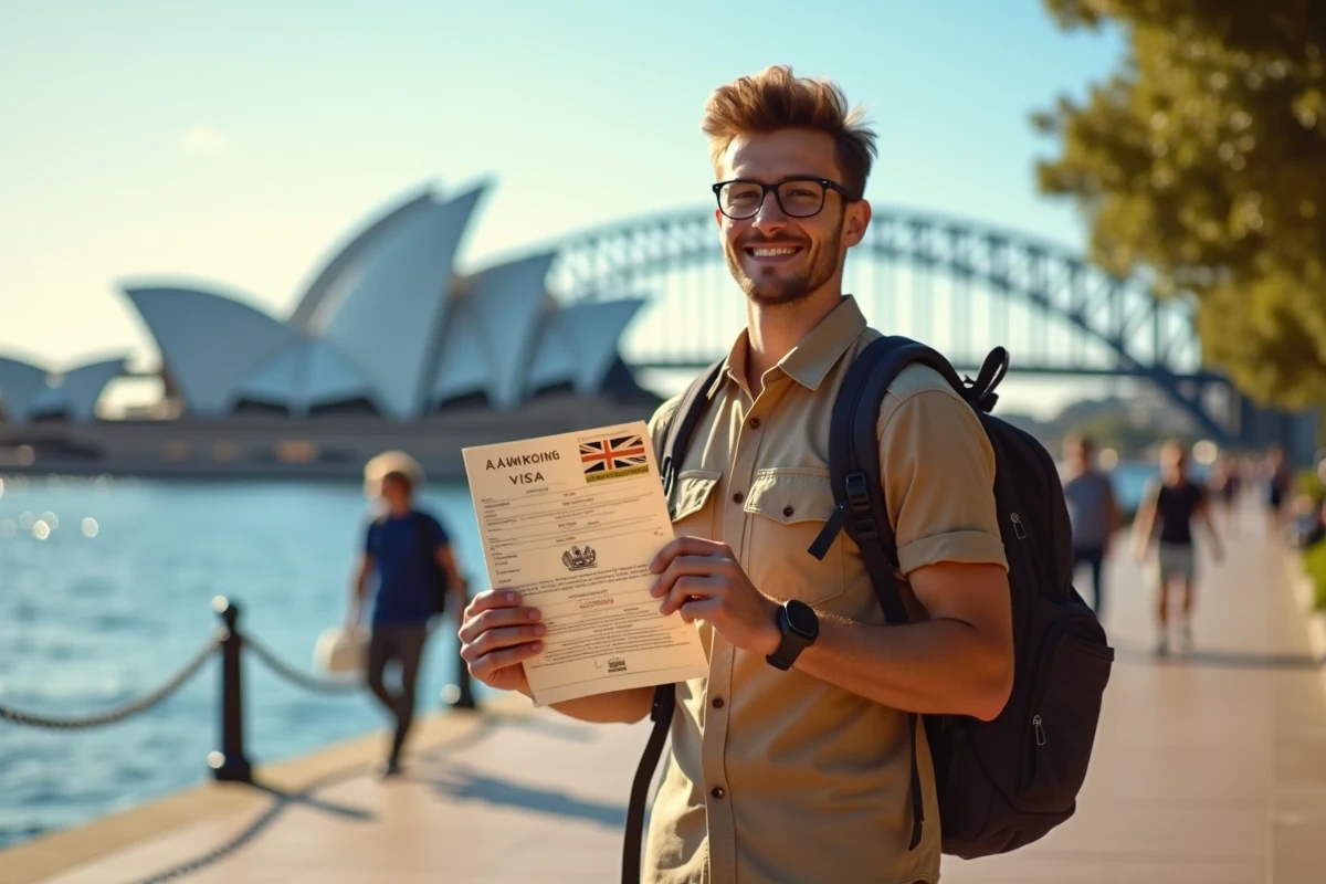 Jeune homme tenant un visa Working Holiday australien devant l'Opéra de Sydney, représentant le visa australien à 670 AUD