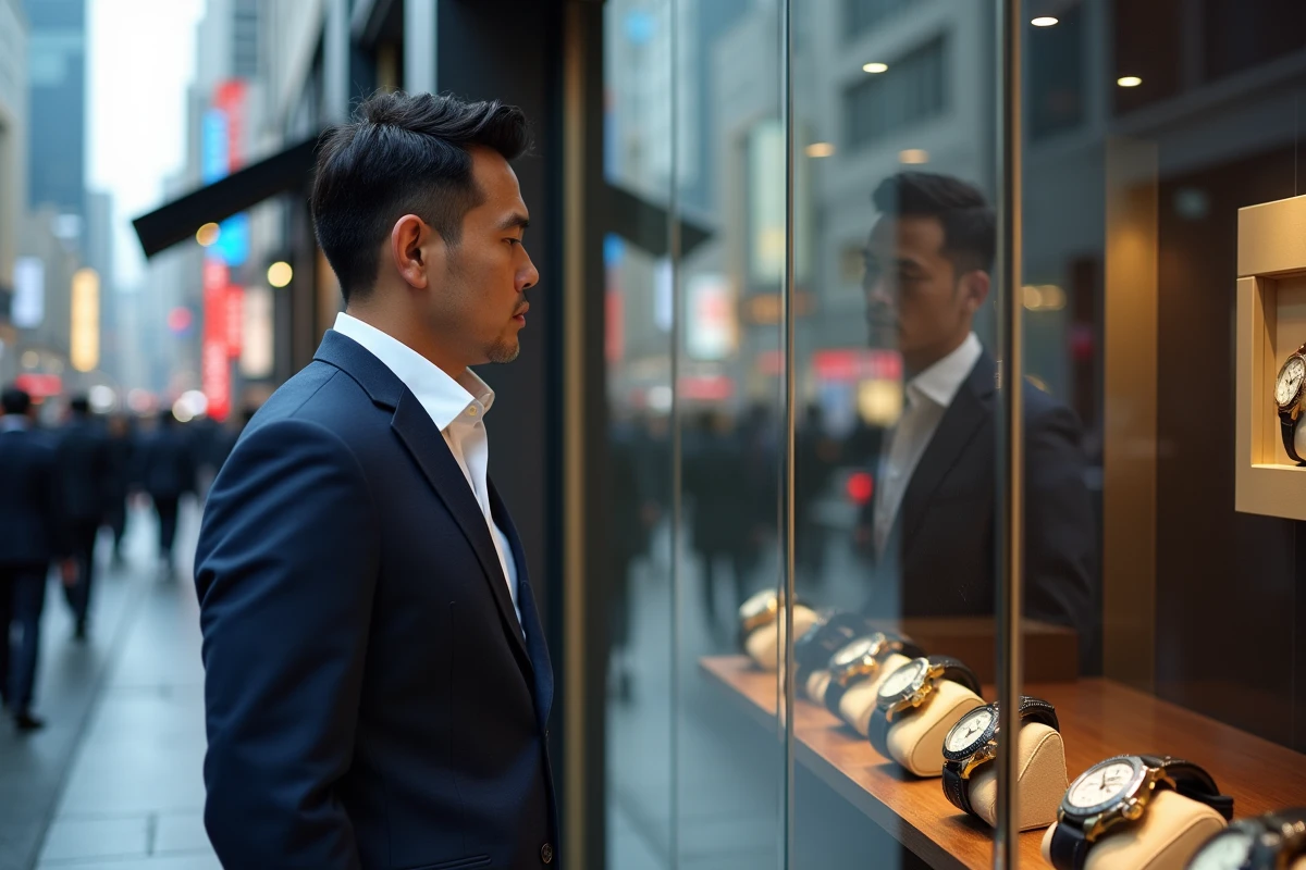 Homme admirant des montres de luxe dans une boutique horlogère du quartier Ginza à Tokyo