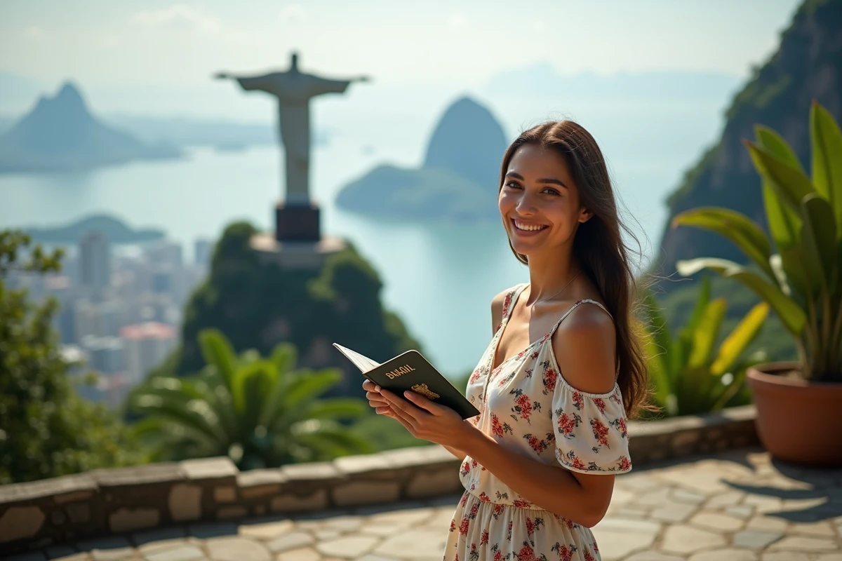 Voyageuse tenant son passeport avec un visa de réciprocité brésilien devant le Christ Rédempteur à Rio de Janeiro
