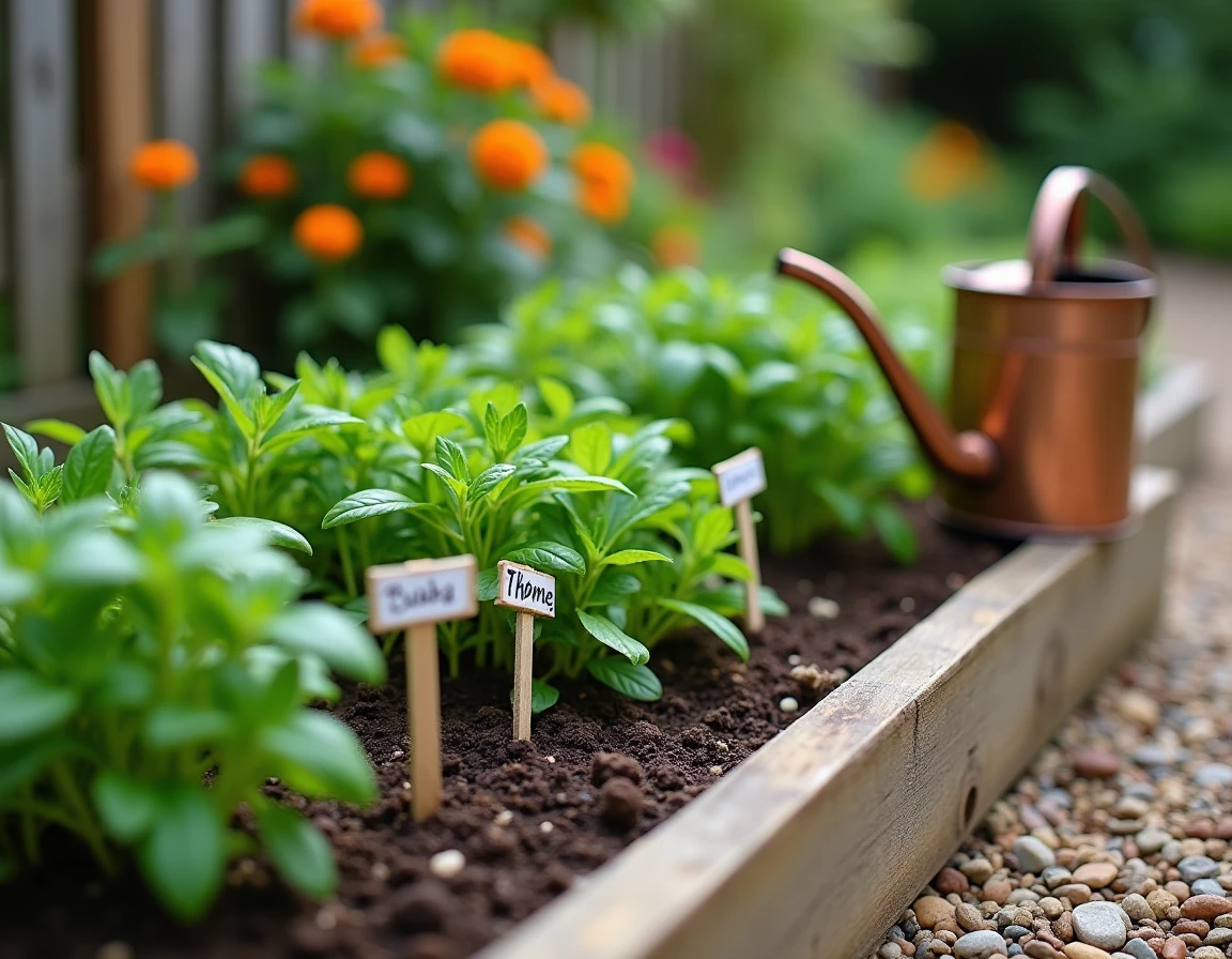 Carré potager en bois recyclé avec herbes aromatiques étiquetées et arrosoir en cuivre dans un jardin maison