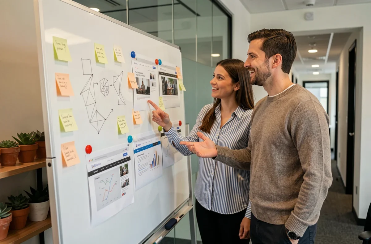 Deux collègues collaborant sur des tendances web et digitales lors d'une session de brainstorming en startup