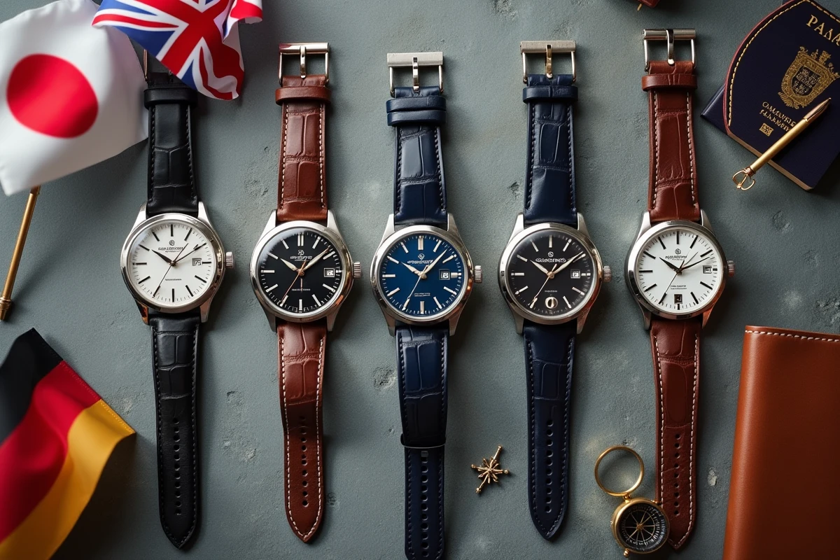 Collection de montres de luxe de différents pays horlogers posées sur ardoise avec carnet de voyage et passeport