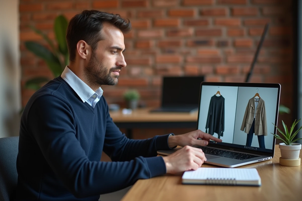 Homme comparant des articles de mode sur un ordinateur portable depuis son bureau à domicile pour optimiser ses achats en ligne
