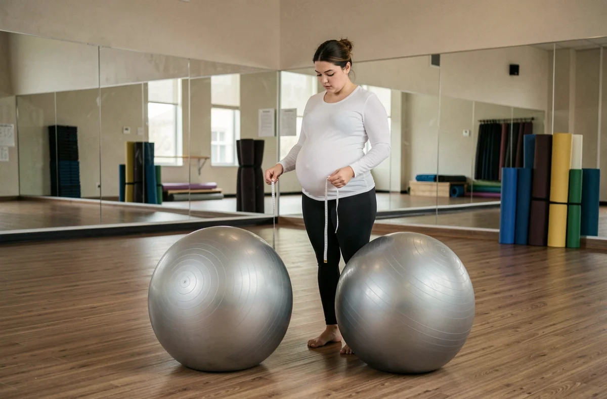 Femme enceinte de petite taille comparant deux tailles de ballons d'accouchement dans un studio de yoga, avec un mètre ruban pour choisir la taille adaptée