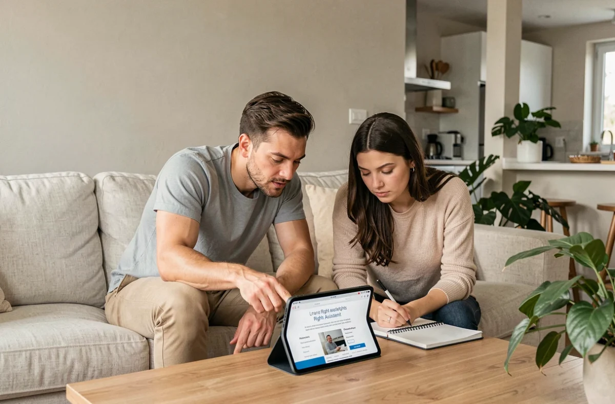 Couple consultant une plateforme de défense des droits sur internet via une tablette dans un salon moderne
