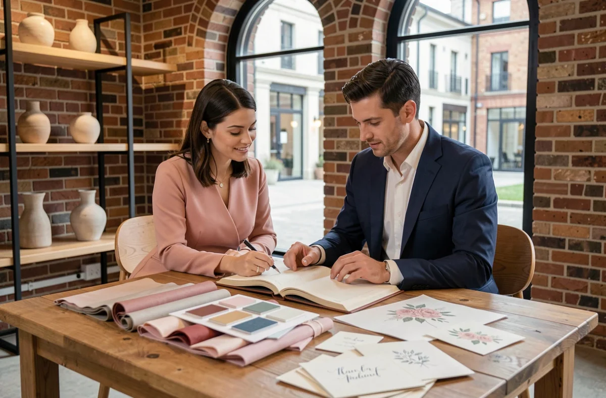 Couple élégant consultant un livre de planification de mariage dans un showroom de venue moderne avec briques apparentes et fenêtres arquées