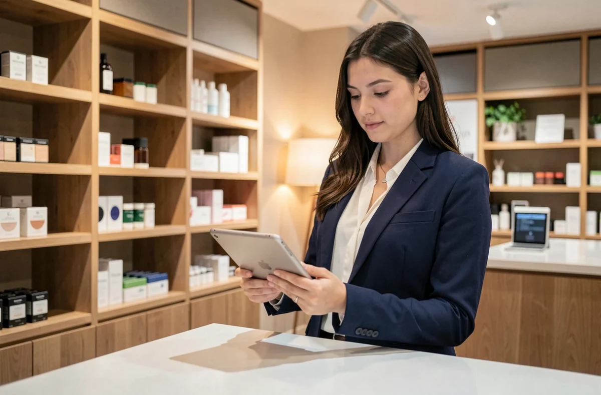 Jeune femme diplômée BTS MCO travaillant en gestion commerciale dans un magasin moderne