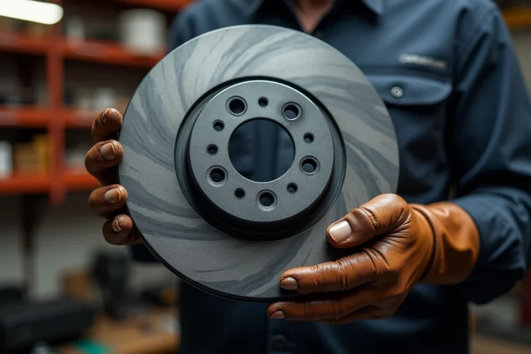Mécanicien tenant un disque de frein en céramique dans un atelier automobile
