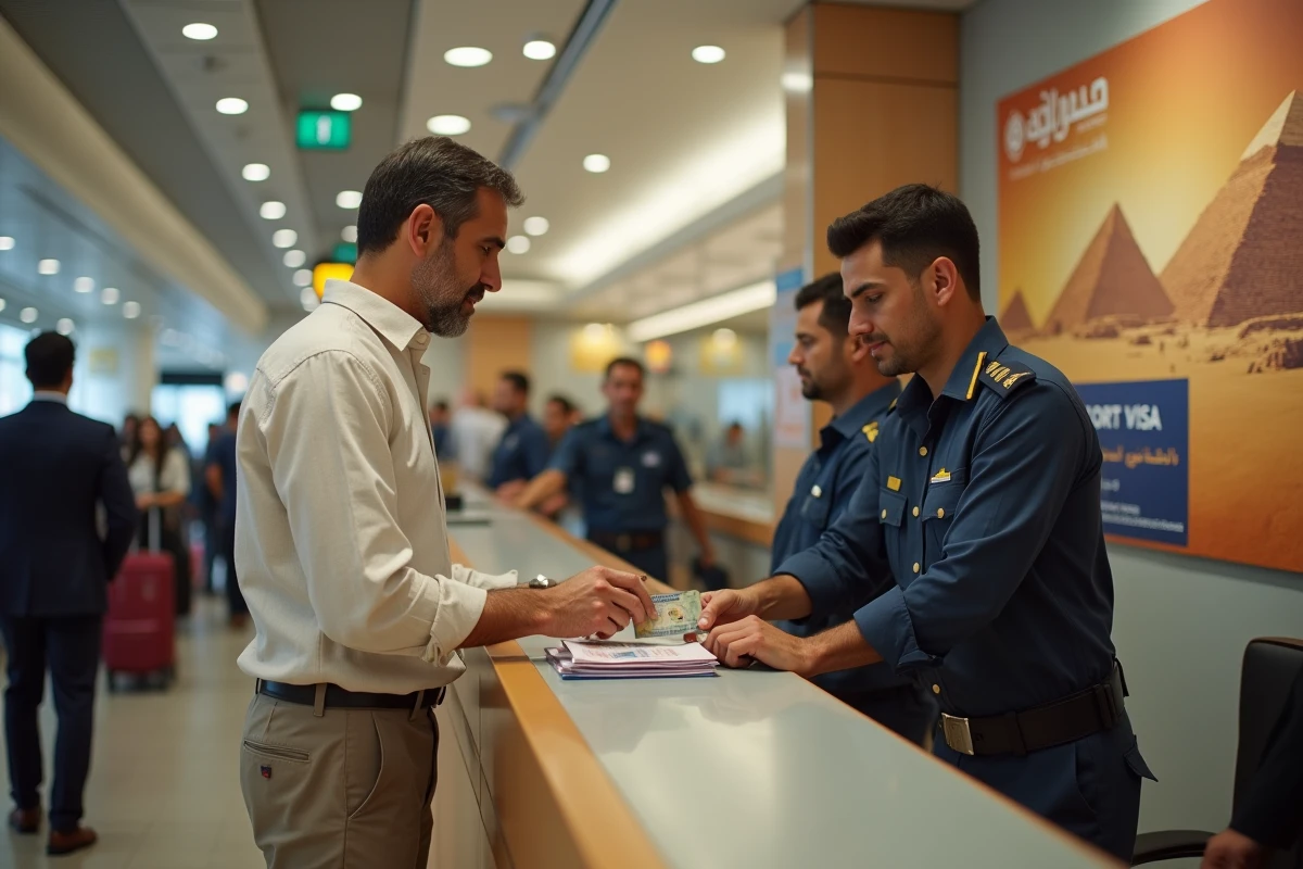 Homme payant son visa à l'arrivée en Égypte au comptoir de contrôle des passeports de l'aéroport du Caire avec une affiche des pyramides en arrière-plan