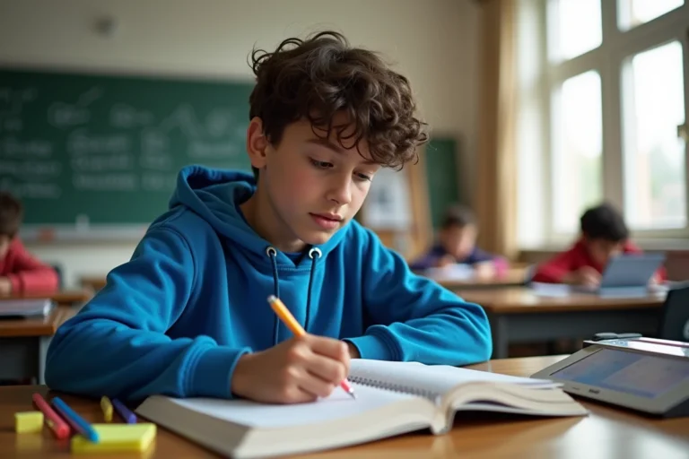 Élève dyslexique au collège utilisant une règle de lecture colorée et une tablette numérique comme outils d'aide scolaire