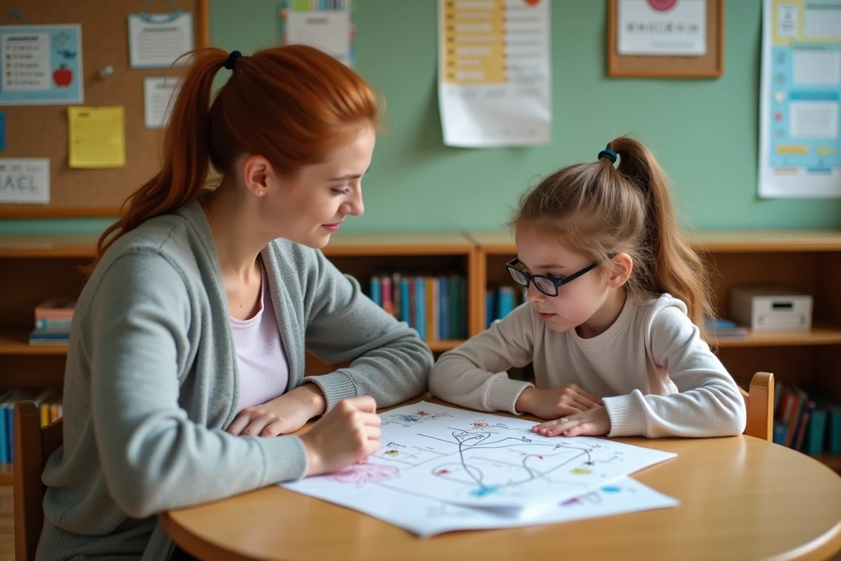 Enseignante accompagnant une élève en difficulté avec des outils pédagogiques adaptés dans une salle de soutien scolaire au collège