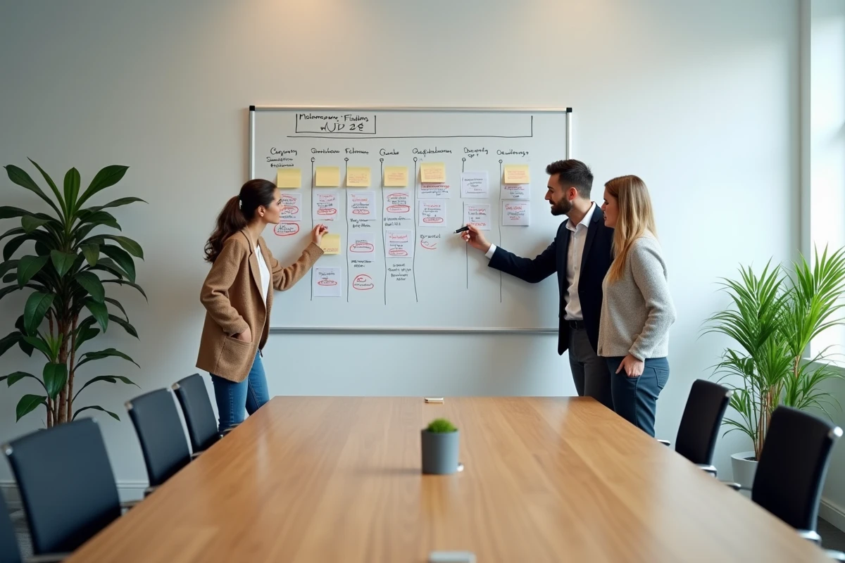 Équipe professionnelle planifiant les dates clés de la certification LVMH 2026 sur un tableau blanc en salle de réunion