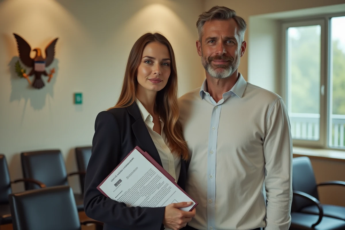 Couple faisant la queue au consulat américain avec un formulaire de visa B1/B2 et des documents financiers, illustrant les frais cachés du visa américain