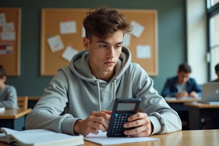 Étudiant utilisant une calculatrice TI-Nspire CX pour installer ChatGPT dans un environnement universitaire