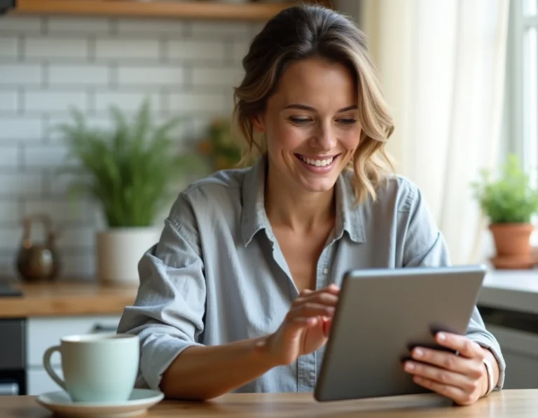 Femme consultant les actualités bien-être sur une tablette dans une cuisine moderne avec une tasse de tisane