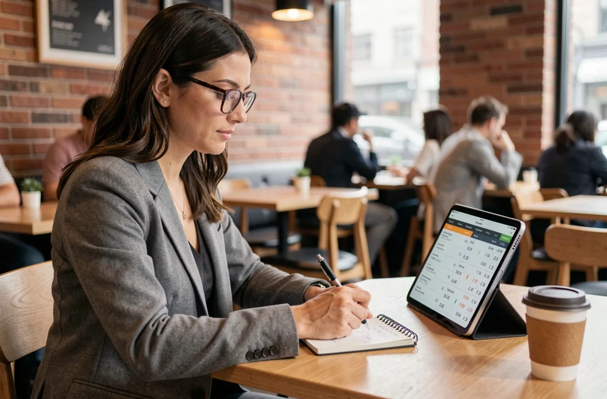 Femme prenant des notes sur ses pronostics football dans un café avec une tablette