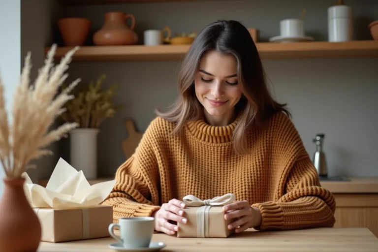 Femme souriante déballant un cadeau artisanal dans une cuisine scandinave chaleureuse, idée de sélection shopping originale