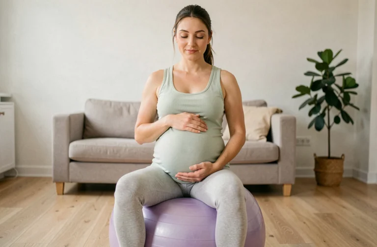 Femme enceinte assise sur un ballon d'accouchement violet dans un salon minimaliste, illustrant le choix de la taille idéale de ballon de grossesse