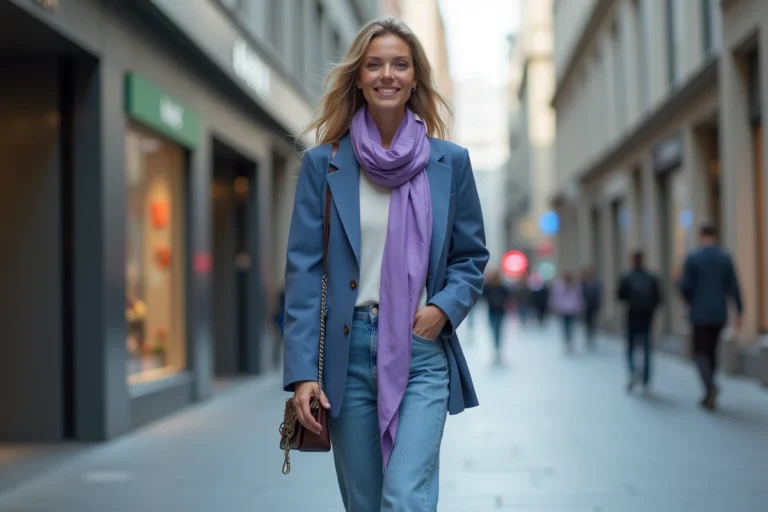 Femme élégante en blazer bleu dans une ville moderne