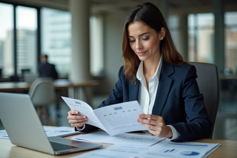 Femme professionnelle consultant un calendrier 2026 sur un bureau en open space pour préparer la certification LVMH