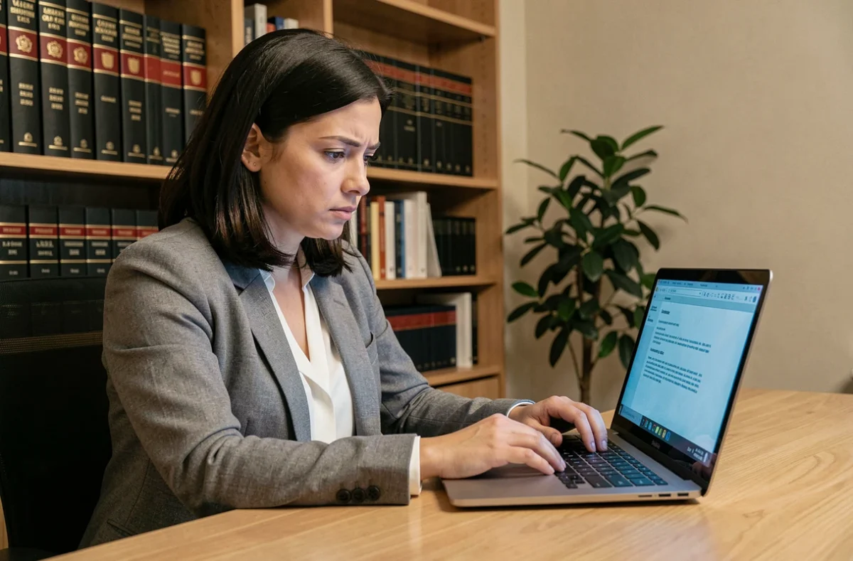 Femme consultant des documents juridiques sur un ordinateur portable dans un bureau à domicile pour protéger ses droits en ligne