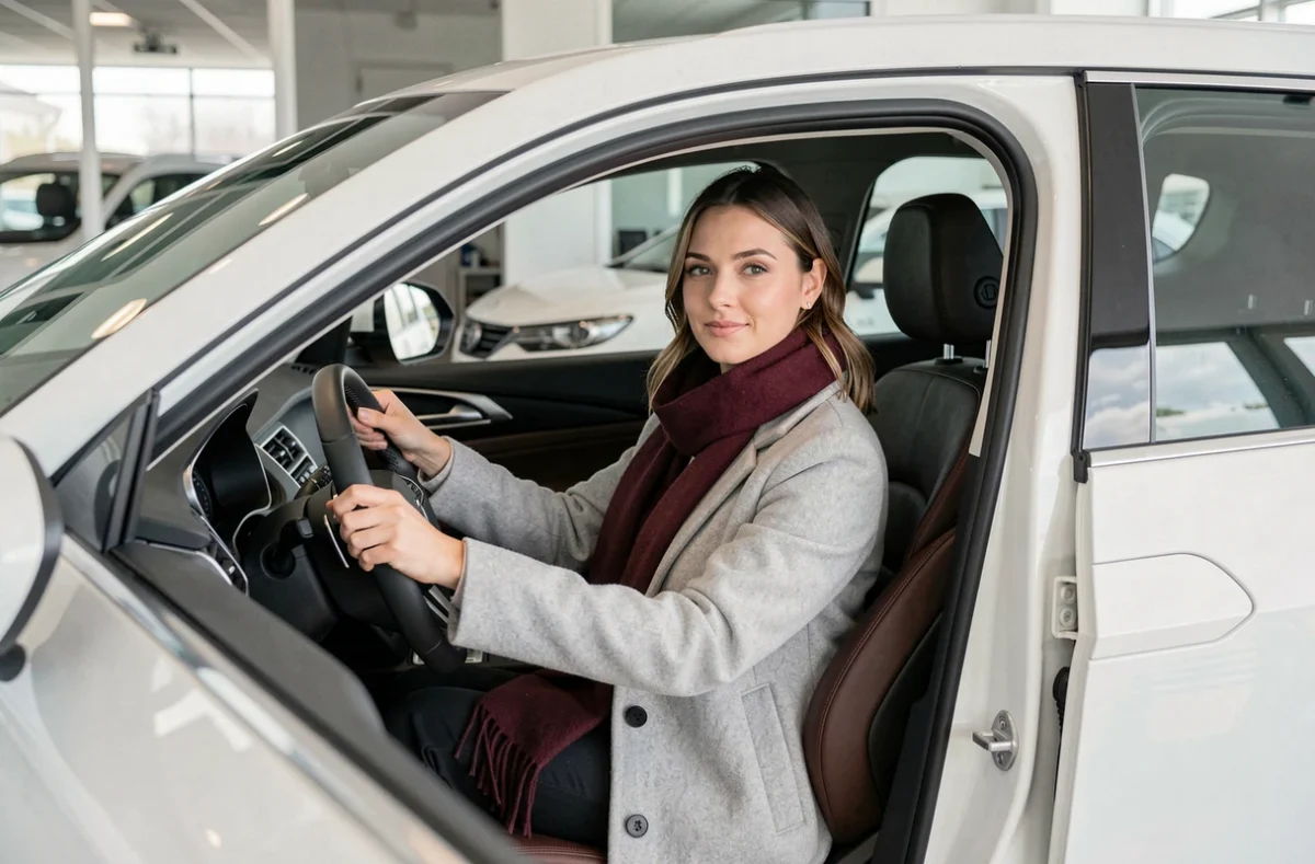 Femme assise au volant d'un SUV blanc dans une concession automobile française, représentant le choix des voitures populaires en France