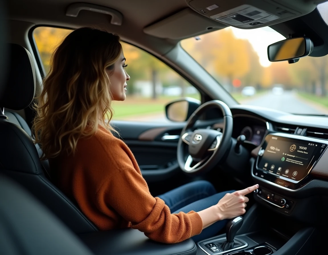 Femme utilisant l'écran tactile d'un SUV moderne avec interface numérique de navigation