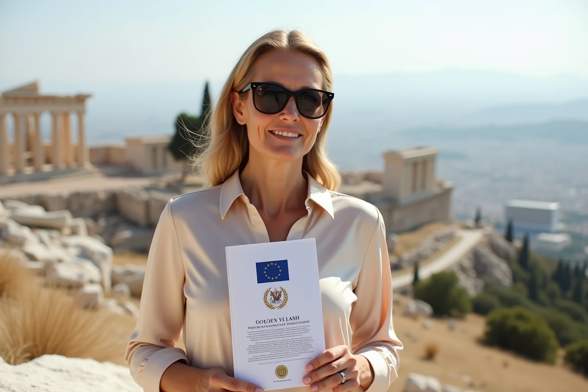 Femme tenant un document Golden Visa grec sur la colline de l'Acropole à Athènes avec la ville en arrière-plan