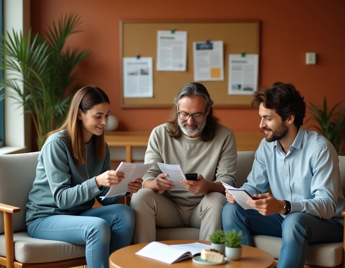 Groupe de personnes lisant des informations santé et bien-être dans une salle d'attente de centre de santé