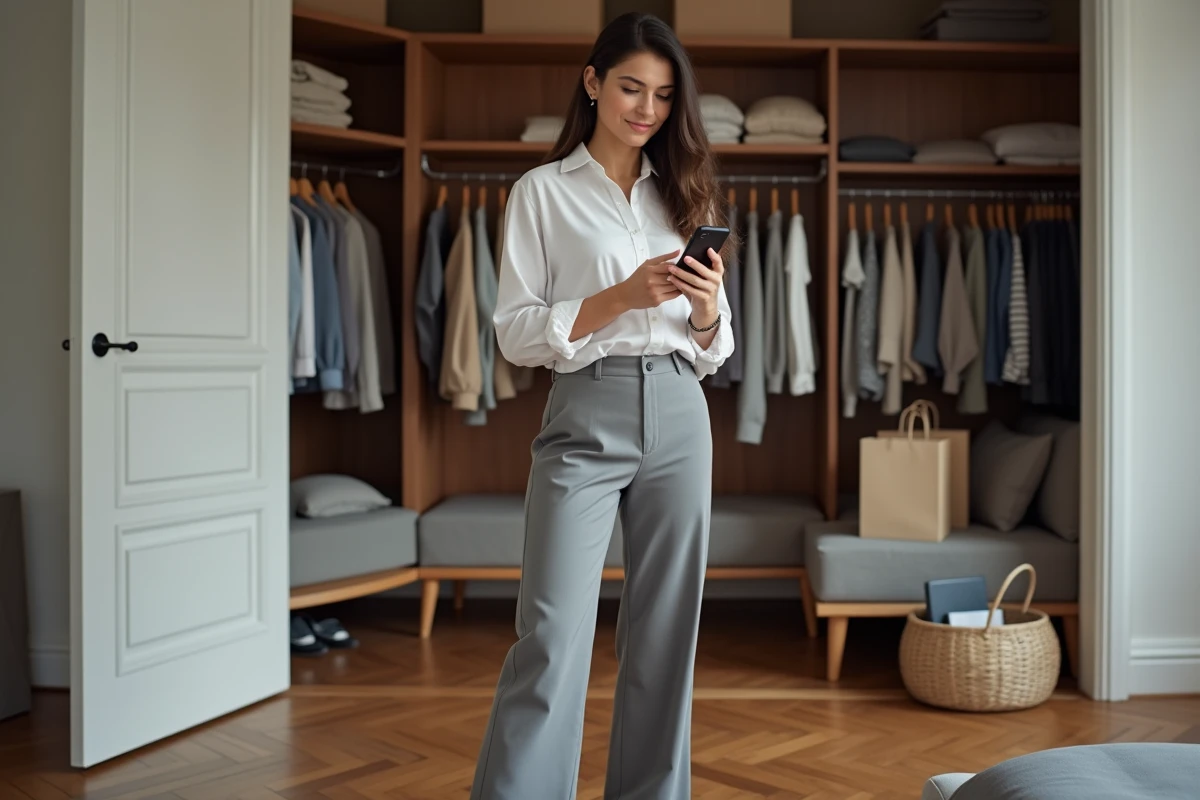 Femme consultant un guide des tailles sur smartphone devant son dressing pour choisir ses vêtements en ligne