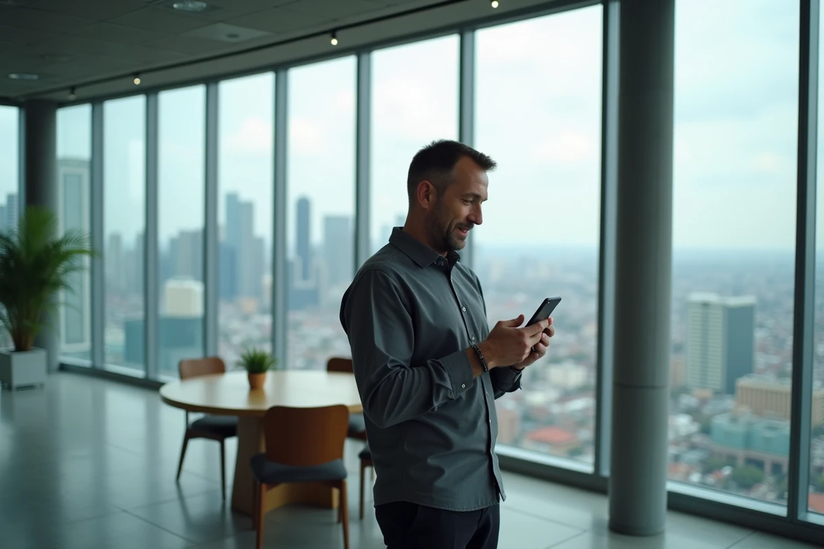 Homme d affaires regardant la ville depuis une fenêtre d un bureau