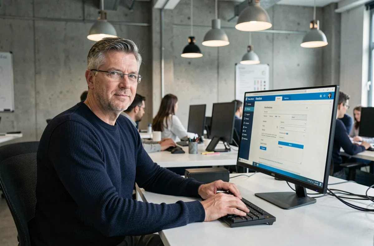 Homme utilisant une plateforme d'aide juridique en ligne dans un espace de coworking pour défendre ses droits numériques