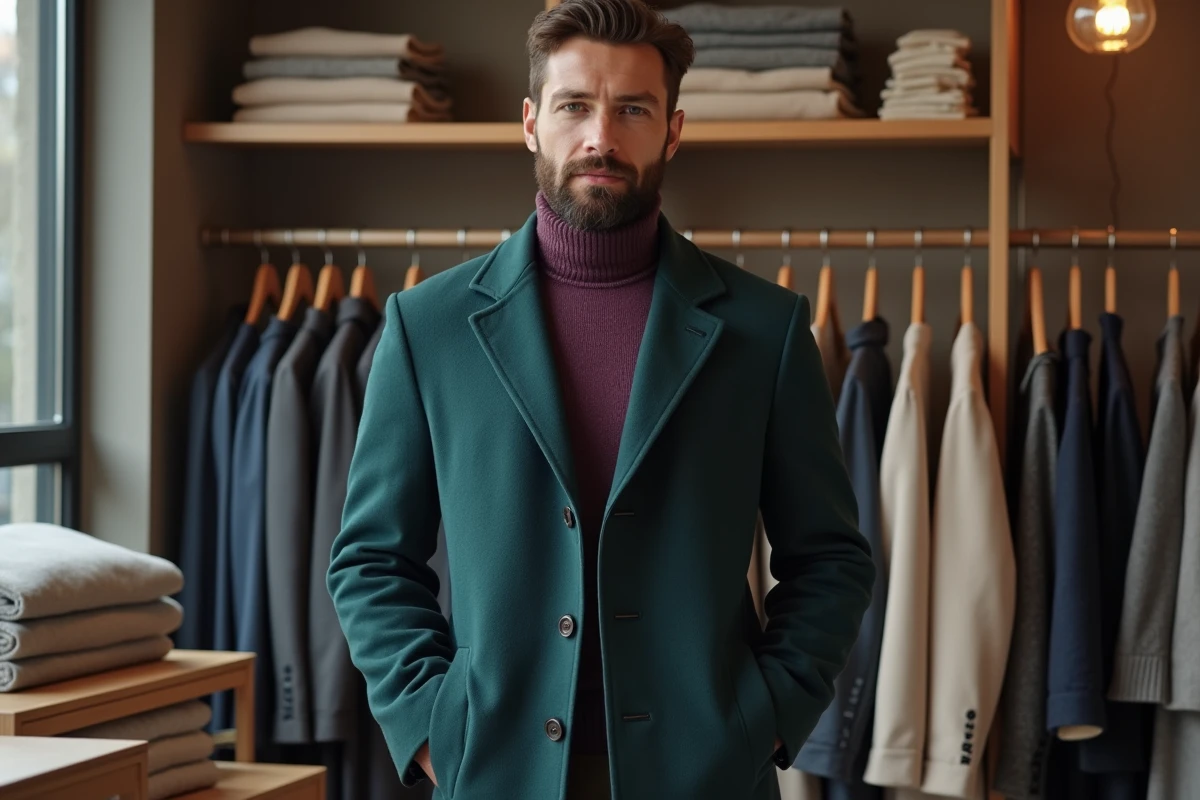 Homme en manteau teal dans une boutique minimaliste