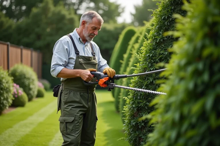 Homme en vêtements de jardinage inspectant une tondeuse haie moderne