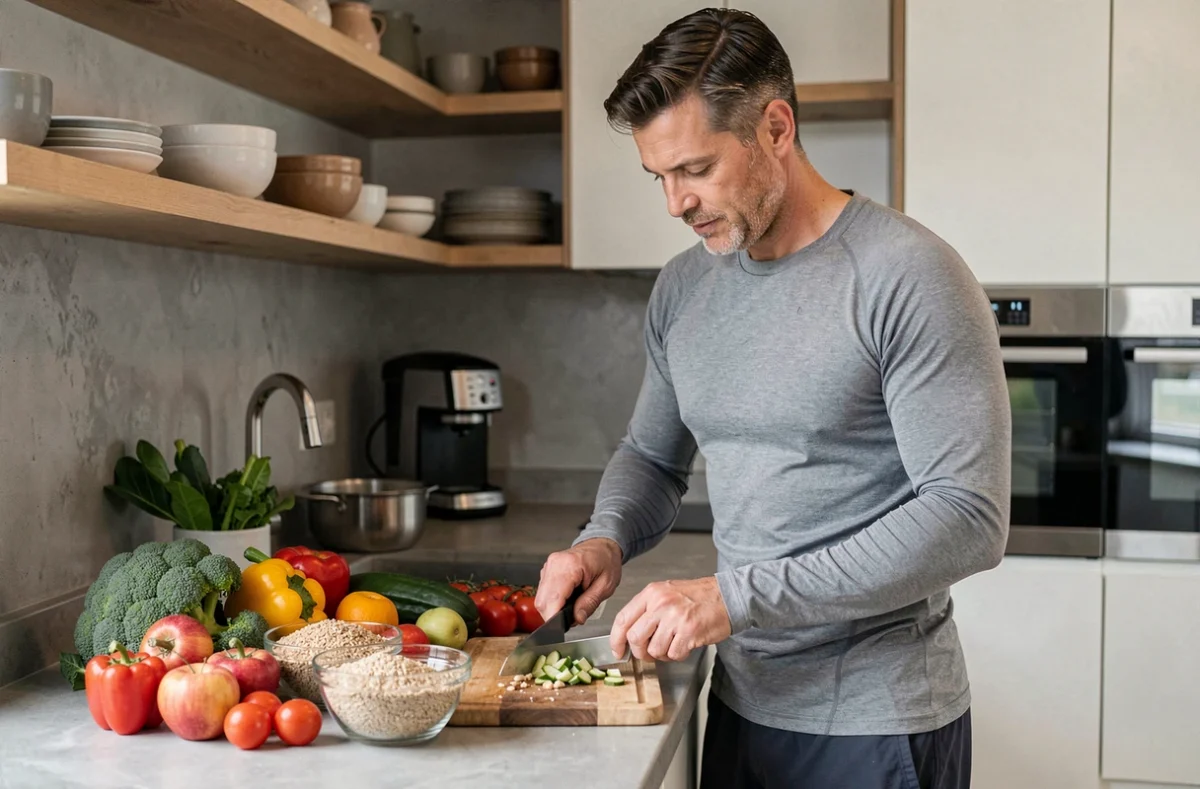 Homme préparant un repas sain et équilibré dans une cuisine moderne pour une alimentation quotidienne optimale