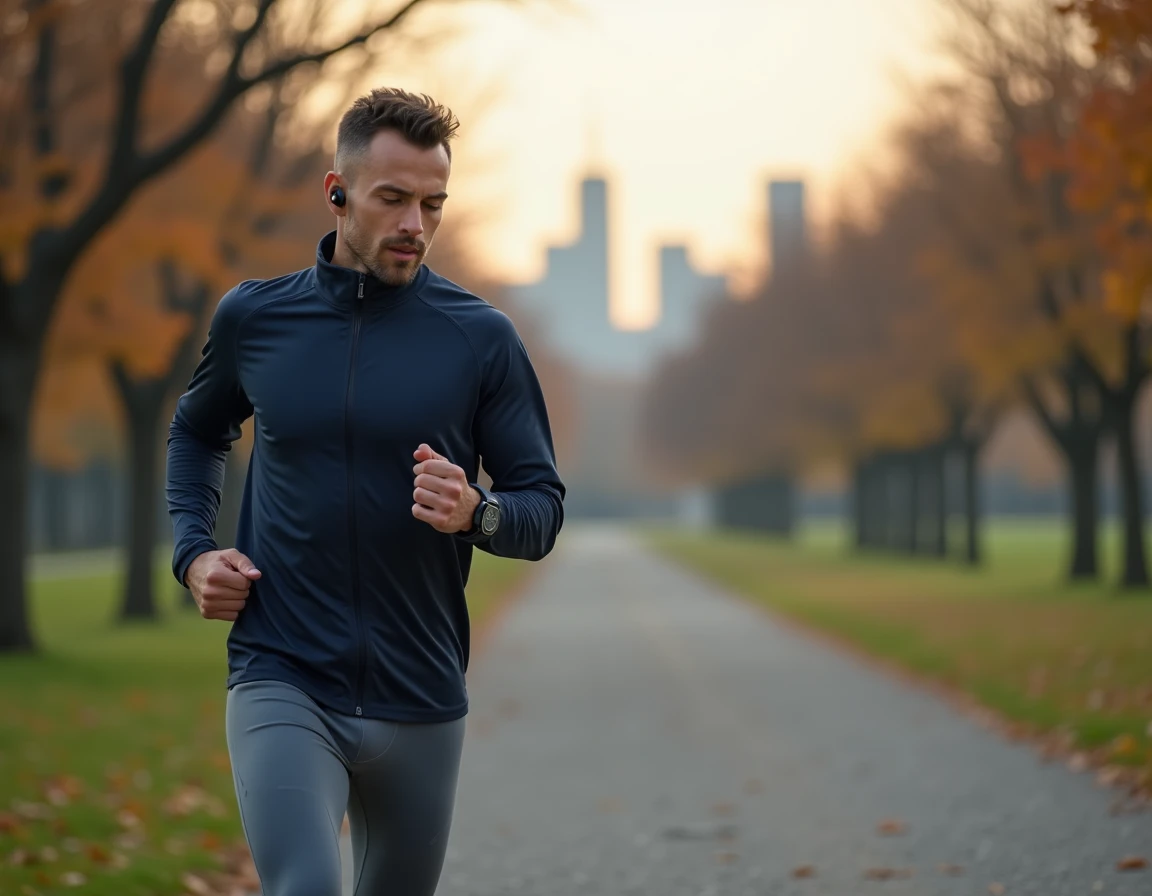 Homme qui court dans un parc urbain en automne en consultant sa montre connectée de santé