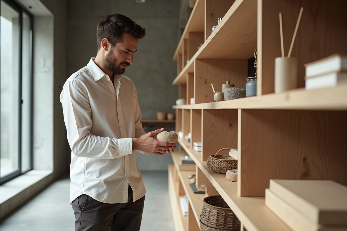 Homme parcourant une sélection d'objets lifestyle dans une boutique concept store minimaliste et moderne