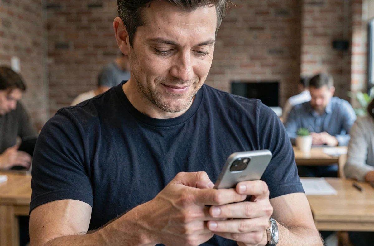Homme utilisant son smartphone pour contacter une équipe depuis un espace de coworking moderne