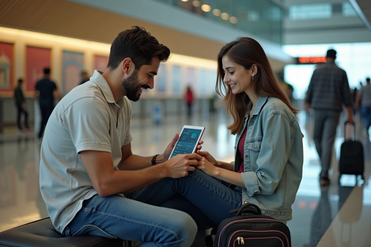 Couple consultant les tarifs variables de l'e-visa indien sur une tablette dans l'aéroport international de New Delhi