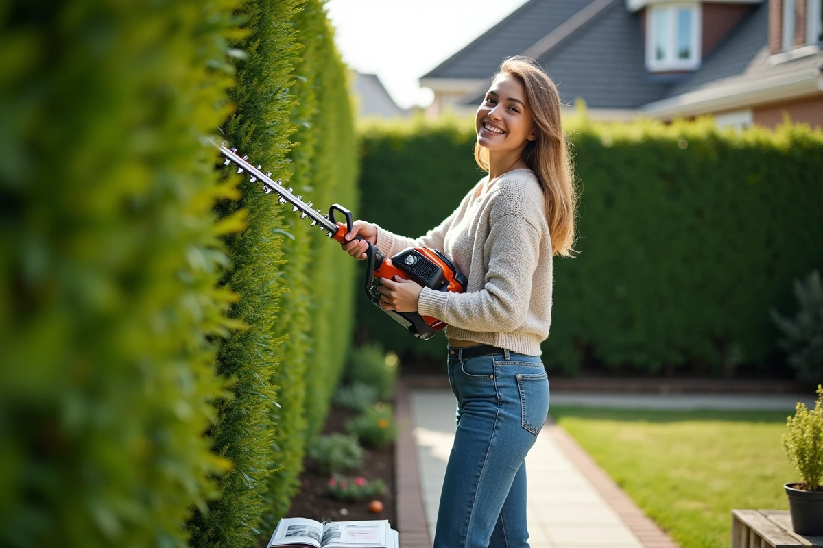 Jeune femme utilisant une tondeuse haie télescopique dans le jardin