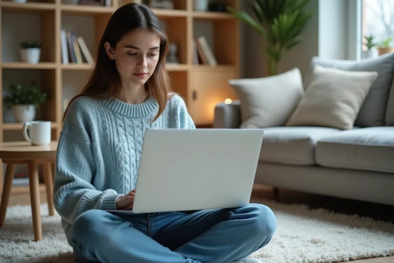 Jeune femme cherchant des annonces immobilières dans un salon moderne