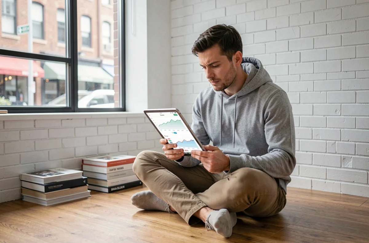 Jeune professionnel analysant des tendances digitales et réseaux sociaux sur une tablette dans un espace de coworking